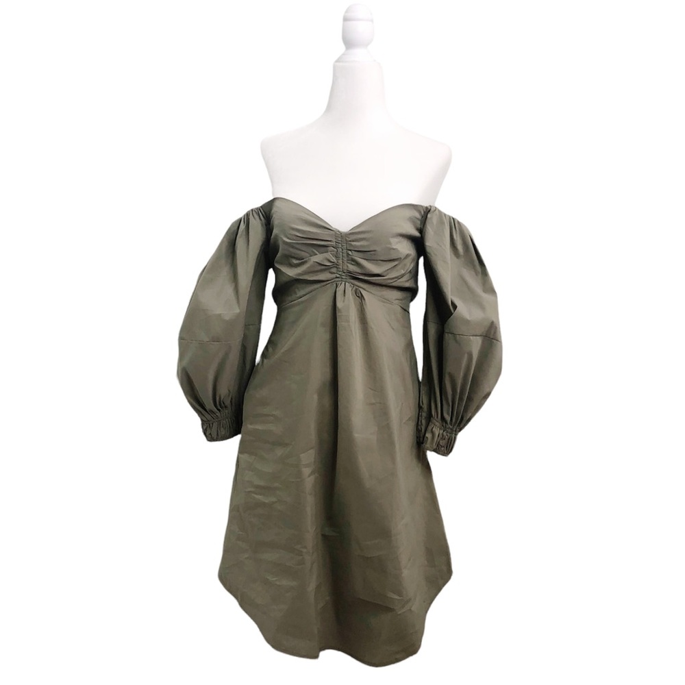 Olivaceous Off Shoulder Mini Dress Puff Bubble Sleeve